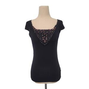 Vintage Y2k Nine West Knit Crochet Beaded Top Size S Black Whimsygoth Boho